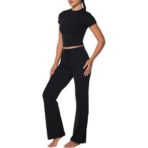 Sunzel Women's 2 Piece Lounge Sets Straight Leg Pants Slim Tight Short Sleeve Tops Matching Set Casual Workout Sweatsuit