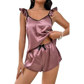 SweatyRocks Women's Satin Pajama Set Ruffle Sleeveless V Neck Camisole and Shorts 2 Piece PJ Sets