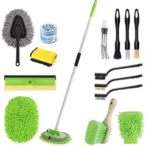 62'' Car Wash Brush Kits with Long Handle, Car Wash Kit with Chenille Microfiber Replacement Head, Car Wheel Tire Brush, Car Washing Brush Car Care Cleaning Kit for Cars RV Boat Truck 16pcs