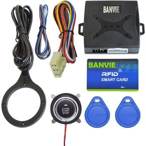 BANVIE Car RFID Alarm System Push to Engine Start Stop Button for Security Anti-Thief (Blue RFID Key)