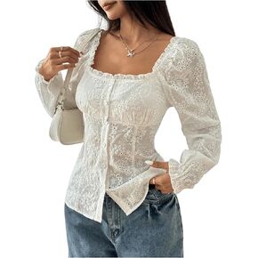 MakeMeChic Women's Floral Button Down Shirt Long Sleeve Square Neck Frill Trim Eyelet Blouse Top
