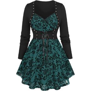 Rosegal Womens Plus Size Flocking Floral Mesh Panel Lace Up Grommet 2 in 1 Long Sleeves Top