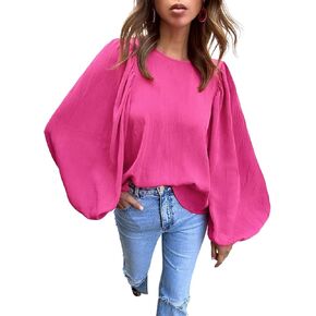 Lesore Womens Blouses Long Sleeve Solid Crewneck Balloon Sleeve Keyhole Back Blouses Tops Tshirts
