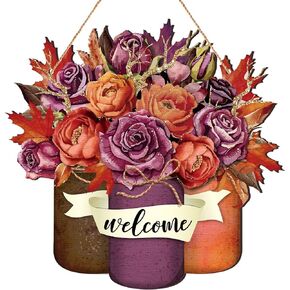 Geetery Fall Front Door Decoration Thanksgiving Welcome Mason Jar Door Signs Vintage Wooden Wall Decor Fall Hanging Wreath Signs for Autumn Home Door Wall Decor