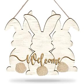 Whaline Easter Wooden Welcome Hanging Sign Rustic Three Easter Bunny Rabbit Wood Door Sign Farmhouse Easter Door Wreath for Spring Holiday Birthday Home Coffee Shop Bakery Window Door