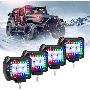 Nicoko 18w 4" Led Work Light bar with Multi-Color Chasing RGB Halo App&Remote Controlled Over 200 Modes Offroad Pods Lights LED Driving Lamp Fog Lights for Truck Pack 4