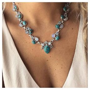 Andelaisi Boho Teardrop Turquoise Choker Necklace Silver Turquoise Gemstone Choker Necklace Vintage Opal Moonstone Necklace Blue Natural Stone Necklace Jewelry for Women