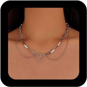 فاسق الجوف القلب قلادة سلسلة فضية سلسلة المختنق قلادة الطبقات مشبك سلسلة قلادة المختنق القلب المفتوح ربط سلسلة قلادة مجوهرات للنساء in Kuwait