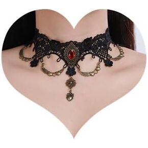 Sither Women Halloween Choker Necklace Red Crystal Black Lace Gothic Necklace for Halloween Punk Costume Party Vampire Choker for Gift