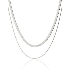 14K Gold Plated Herringbone Choker Necklace for Women Snake Chain Necklace Silver Layered Necklaces Simple Trendy Jewelry Gifts for Christmas [HRB-2-S]