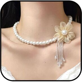 Flower Pearl Necklace for Women Pink Flower Choker Flower Tassel Necklace Pearl Floral Collar Adjustable Pearl Necklace Elegant Jewelry