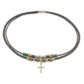 Ancient Tribe Hemp Leather Beads Choker Necklace,15.5 Inches,Brown,Cross Pendant