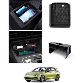 Karltys 2PCS Center Console Organizer Tray for 2022-2025 VW Volkswagen Golf GTI R MK8 Accessories Middle Console Tray Armrest Storage Box with Non-Slip Silicone Mat