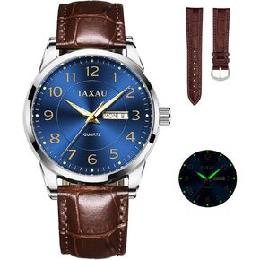Men's Watch Big Face Easy Read Arabic Numeral Dress Watches for Men Classic Black Brown Leather Band Analog Mens Wrist Watch with Day and Date Fashion Business Waterproof Luminous Quartz Watch