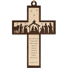 Wooden Cross Ornament for Christmas Tree with Holy Scripture Luke 2:11, Nativity Scene Cross Christmas Ornament, Jesus Christmas Decoration, A Christmas Story Religious Gifts for Family, Christian