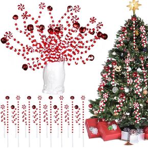 60 Pcs Candy Cane Christmas Tree Picks Decorations Red and White Bells Curly Hanging Ornaments Plastic Xmas Tree Topper Picks for Home Office Vase Crafts Party Centerpiece in Kuwait