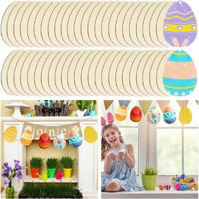 Kuchisity 50 Pieces Large Size 7" Wooden Easter Egg Cutouts, Unfinished Wood Egg Slices Easter Wooden Egg Discs Blank Egg Cutouts Ornaments for Easter Crafts and DIY Hanging Decorations