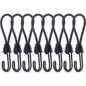 Hikeman 8 Pack 8mm Bungee Cord Hooks Black Anti-Rust Paint Spiral Wire Hooks with Separable Reflective Elastic Rope Heavy Duty Strapping Tape Hooks for Camping Trucks Boats (Black)