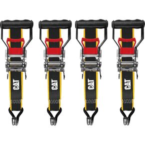 Cat Ratcheting Tie Down 4 Piece Strap Set, Ratchet Straps, 1,100 Pound Work Strength; 3,300 Pound Break Strength, Moving, Cargo, Heavy Duty Utility Tie Downs - Black Yellow 9807687E