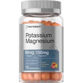Horbäach Potassium Magnesium Supplement Gummies | 70 Count | 99mg Magnesium | 150mg Potassium | Vegan, Non-GMO, and Gluten Free Formula | Peach Strawberry Flavor