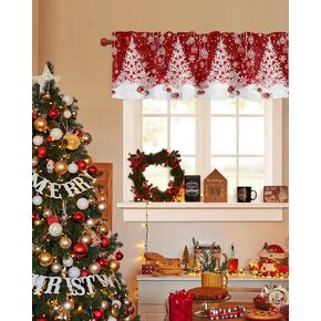 Christmas Tree Valance for Kitchen,Xmas Ball Snowflake Curtain Valance Rod Pocket Window Valances,Winter Snow Tree Short Curtains for Bedroom Bathroom Living Room 54x18IN