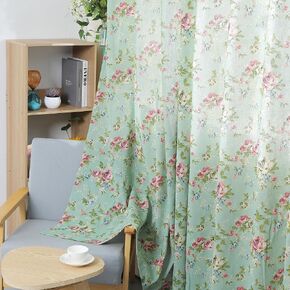 Retro Floral Linen Curtains Chic Pink Flower and Leaves Print on Green Window Curtain Light Filtering Grommet Window Drapes for Living Room Bedroom, 2 Panels, 52 x 84 Inch