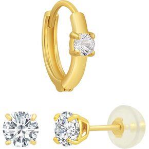 MAX + STONE Solid 14k Gold White Sapphire Set - 11mm Mini Huggie Single Hoop and 4mm Round Stud Created White Sapphire Earrings