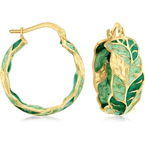 Ross-Simons Italian Green Enamel Leaf Vine Hoop Earrings in 14kt Yellow Gold in Saudi Arabia