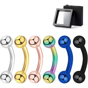Surgical Stainless Steel Curved Barbell Eyebrow Tragus Helix Ear Belly Lip Ring Body Piercing Jewelry Set - Silver, Gold, Rose Gold, Multicolor, Blue, Black - Stylish Eyebrow Rings for Women, Vertical Labret Lip Piercing Included