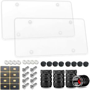 2 Pack License Plate Covers- Clear Flat License Plate Cover, Novelty Unbreakable Car Tag Frame Protector for Vehicles/Trucks, with Screws, Black Caps, Rattle Proof Pads, Tire Valve Caps