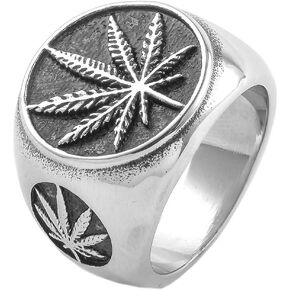 PAMTIER Unisex Stainless Steel Minimalist Retro Ring Charm Marijuana Leaf Carved