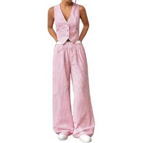 SHENHE Women's 2 Piece Outfits Striped Button Up Crop Vest and Wide Leg Loose Pants Set