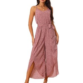 Seta T Women's Summer Casual Spaghetti Straps Sleeveless V Neck Tie Waist Split Wide Leg Jumpsuits Rompers