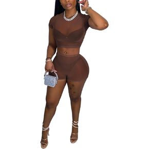 Mintsnow Women's See Through 2 Piece Short Outfit Sheer Mesh Short Sleeve Top and Bodycon Club Party Shorts Sets