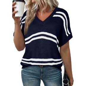 SHEWIN Womens Sweaters Causal V Neck T Shirts Loose Short Sleeve Shirt Spring Tops for Women 2025
