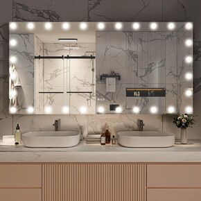 Hasipu LED Bathroom Mirror with Lights, 71" x 36" Hollywood Wall-Mounted Bathroom Mirror with 30 Dimmable Bulbs, 3 Colors Modes, Touch Control, Anti-Fog, Memory Function, Rectangular White