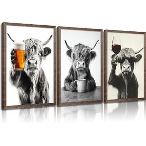 3Pcs Funny Highland Cow Wall Art Highland Cow Drinking Beer and Red Wine Painting Picture Farmhouse Wall Decor Cute Animals Poster Print Artwork for Dining Room Kitchen Bar Home Decoration