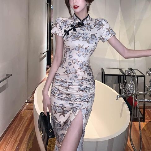Elegant Ladies Midi Cheongsam Short Sleeve Floral Print Side Split Bodycon Midi Dress Modern Chinese Qipao in Saudi Arabia
