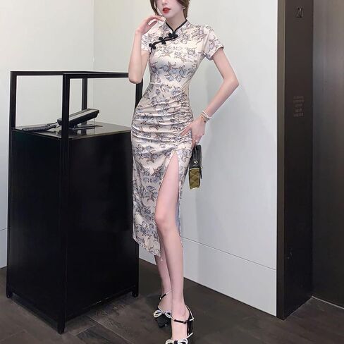 Elegant Ladies Midi Cheongsam Short Sleeve Floral Print Side Split Bodycon Midi Dress Modern Chinese Qipao in Saudi Arabia