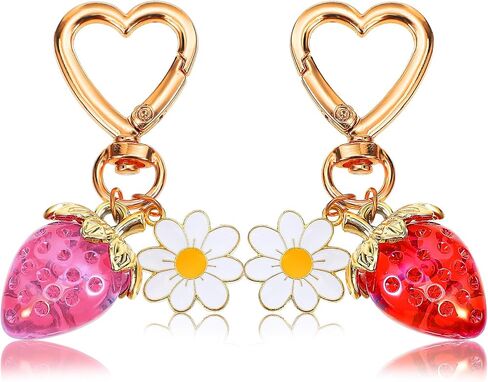 Strawberry Keychain 2 Pcs Cute Strawberry Keychain For Women, Strawberry Decor Bag Charms Kawaii Bag Decor With Heart Keyring Flower Cute Red Crystal Strawberry Keychain Accessories For Women Girls in Saudi Arabia