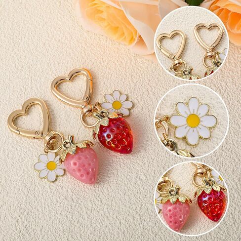 Strawberry Keychain 2 Pcs Cute Strawberry Keychain For Women, Strawberry Decor Bag Charms Kawaii Bag Decor With Heart Keyring Flower Cute Red Crystal Strawberry Keychain Accessories For Women Girls in Saudi Arabia