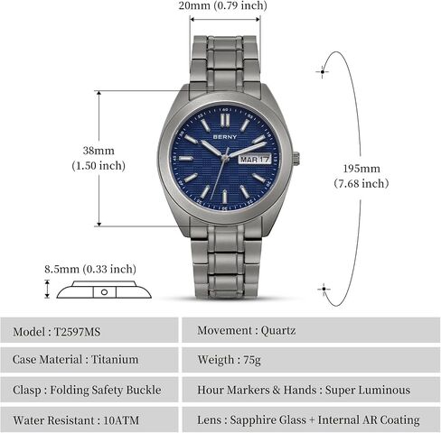 BERNY Titanium Watch for Men Japanese Quartz Movement Analog Quartz Watches Super Luminous Sapphire Glass 10ATM Waterproof in Saudi Arabia
