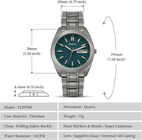BERNY Titanium Watch for Men Japanese Quartz Movement Analog Quartz Watches Super Luminous Sapphire Glass 10ATM Waterproof in Saudi Arabia