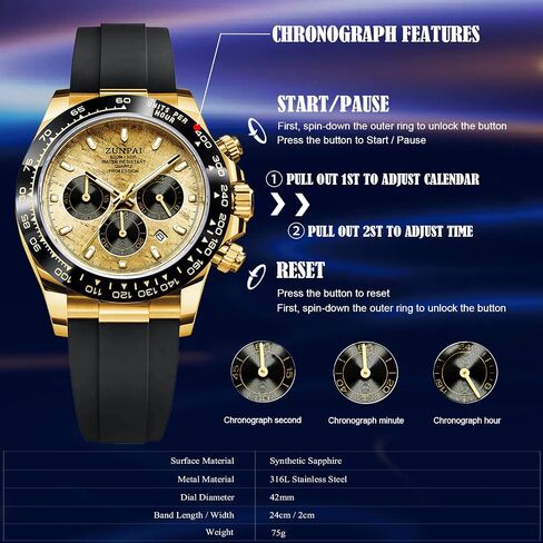 Men's Watch Panda Chronograph Dial Fashion Quartz Movement Wrist Watch Analog Business Waterproof Scratch Resistant Silicone Strap Rubber Band Sports Watches for Men in Saudi Arabia