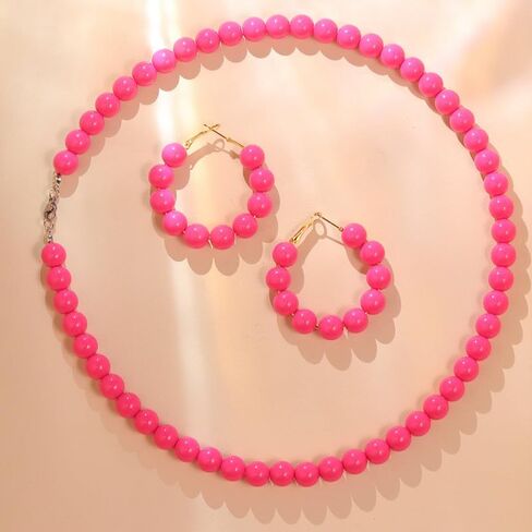 Vintage Colorful Acrylic Beaded Choker Necklace Earrings Set Handmade Macaron Multicolor Resin Round Beads Chunky Necklace 70S 80S Strand Statement Necklace for Women Costume Party Jewelry in Saudi Arabia