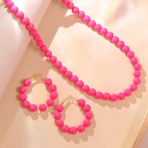 Vintage Colorful Acrylic Beaded Choker Necklace Earrings Set Handmade Macaron Multicolor Resin Round Beads Chunky Necklace 70S 80S Strand Statement Necklace for Women Costume Party Jewelry in Saudi Arabia