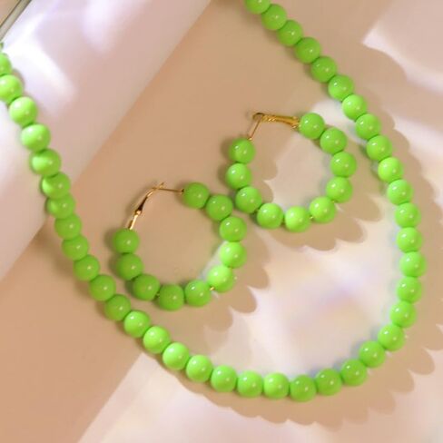 Vintage Colorful Acrylic Beaded Choker Necklace Earrings Set Handmade Macaron Multicolor Resin Round Beads Chunky Necklace 70S 80S Strand Statement Necklace for Women Costume Party Jewelry in Saudi Arabia