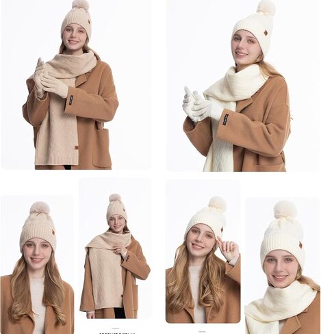Winter Beanie Hat Scarf Gloves for Women - 3 Peices Warm Fleece Lined Knit Set for Gifts in Saudi Arabia