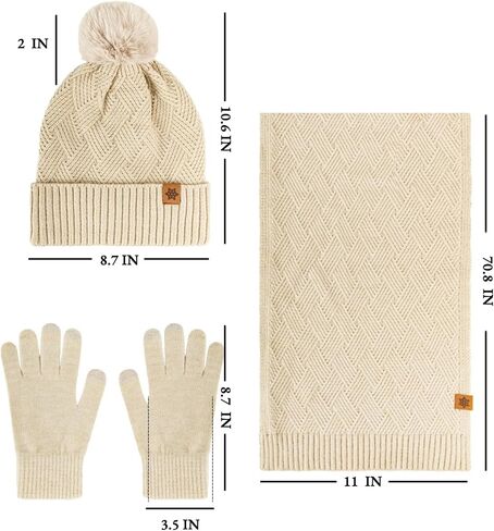 Winter Beanie Hat Scarf Gloves for Women - 3 Peices Warm Fleece Lined Knit Set for Gifts in Saudi Arabia
