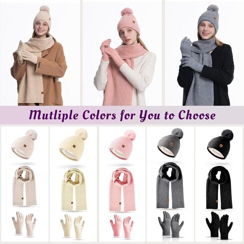 Winter Beanie Hat Scarf Gloves for Women - 3 Peices Warm Fleece Lined Knit Set for Gifts in Saudi Arabia